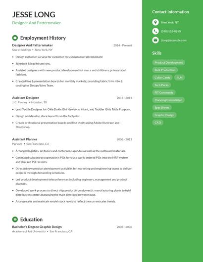 Designer And Patternmaker Resume
