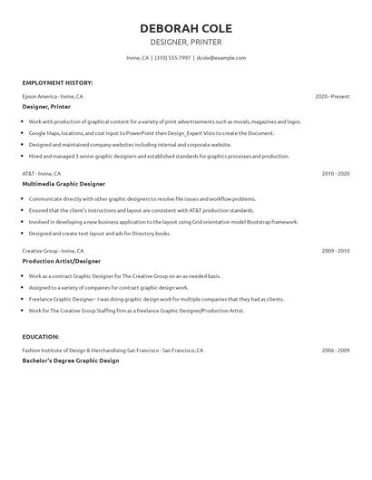 Designer, Printer Resume
