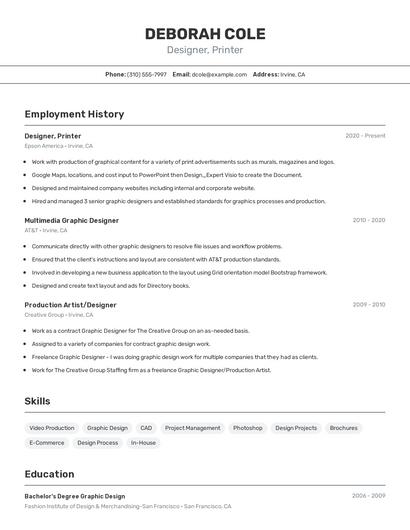 Designer, Printer Resume
