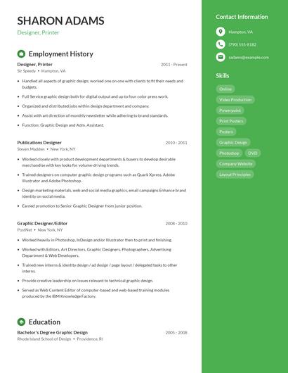 Designer, Printer Resume