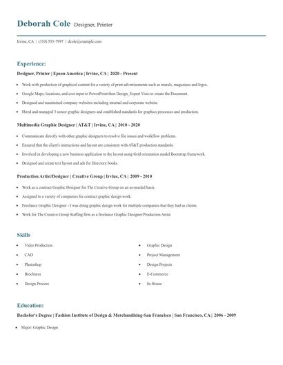 Designer, Printer Resume