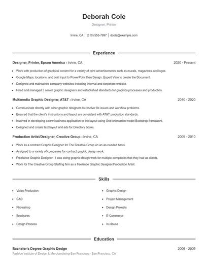 Designer, Printer Resume