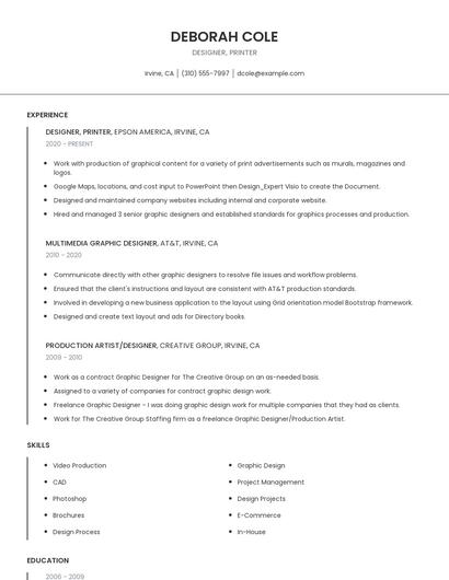 Designer, Printer Resume