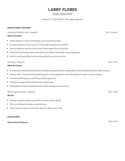 Desk Assistant Resume