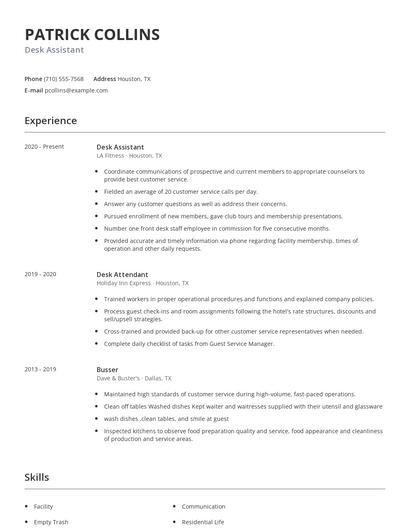 Desk Assistant Resume