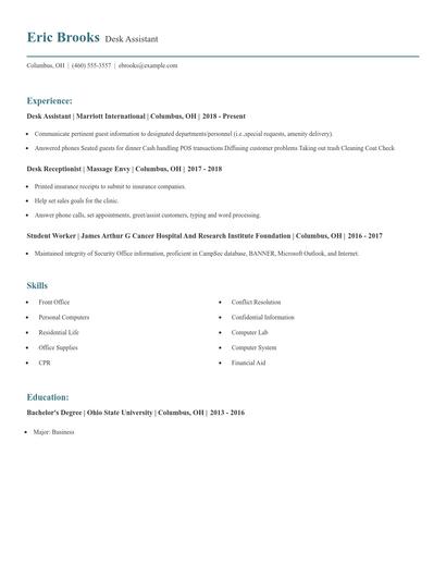 Desk Assistant Resume