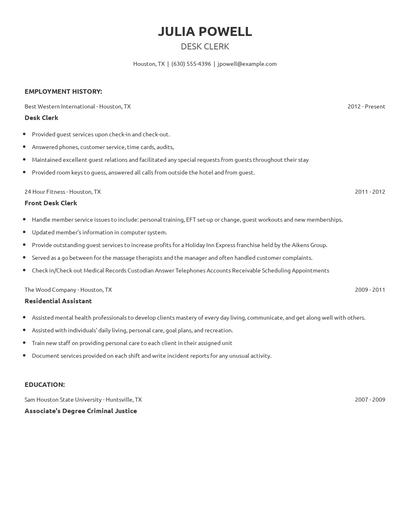 Desk Clerk Resume