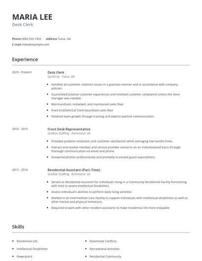 Desk Clerk Resume
