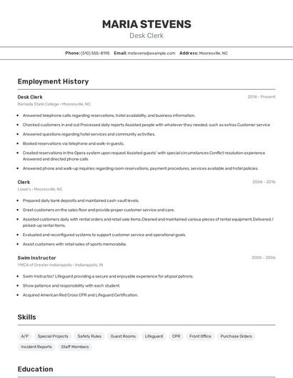 Desk Clerk Resume