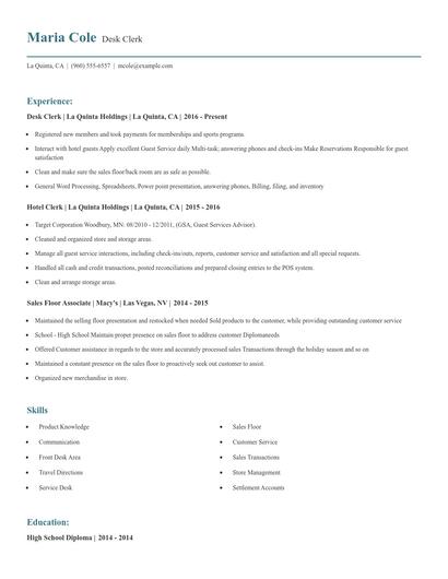 Desk Clerk Resume