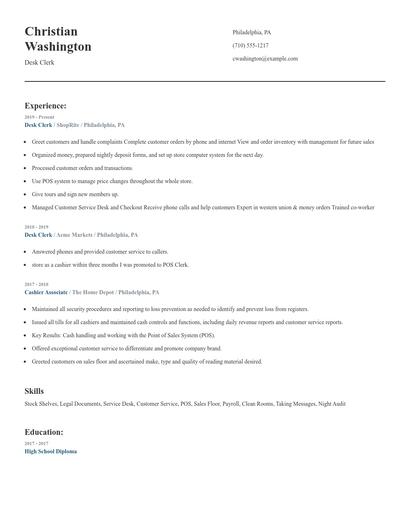 Desk Clerk Resume