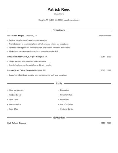 Desk Clerk Resume