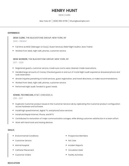 Desk Clerk Resume