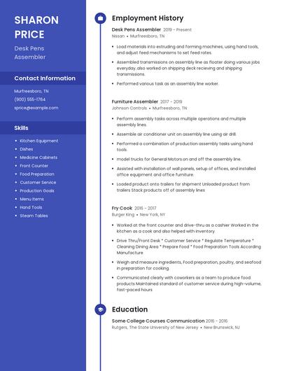 Desk Pens Assembler Resume
