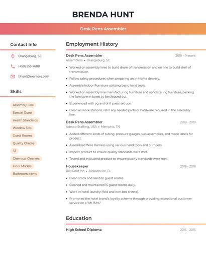Desk Pens Assembler Resume