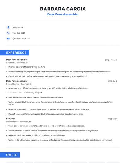 Desk Pens Assembler Resume