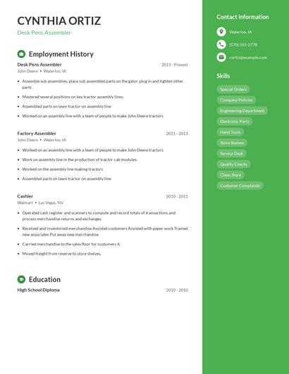 Desk Pens Assembler Resume