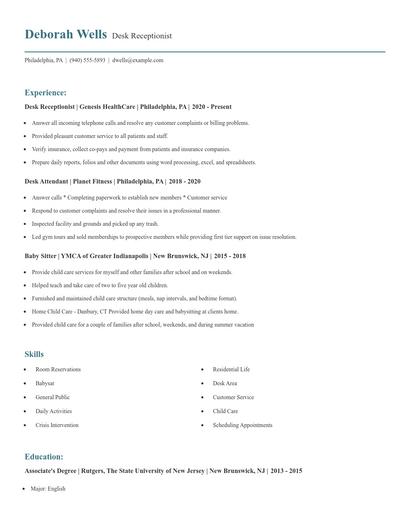 Desk Receptionist Resume