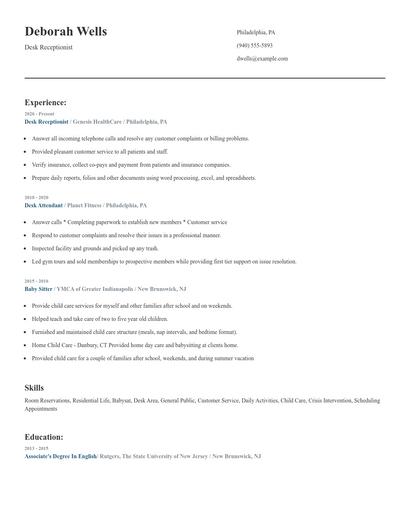Desk Receptionist Resume
