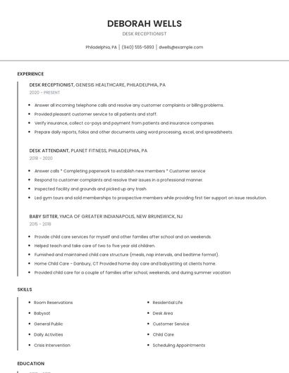 Desk Receptionist Resume