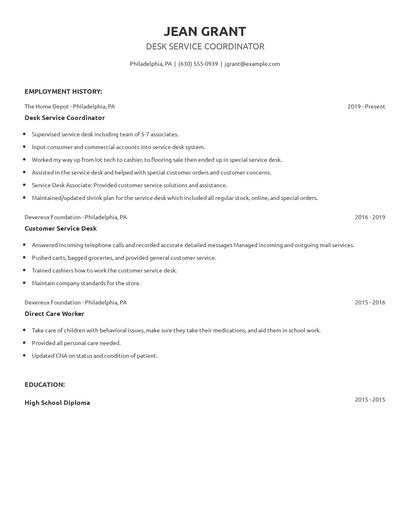 Desk Service Coordinator Resume