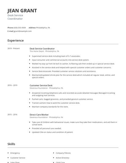 Desk Service Coordinator Resume