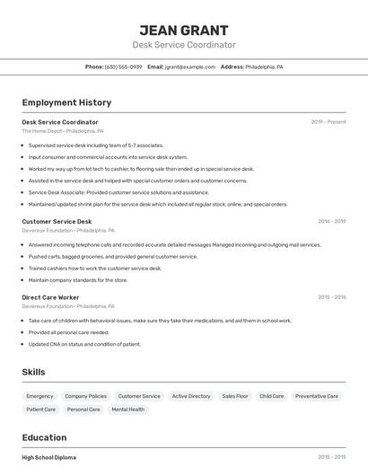 Desk Service Coordinator Resume