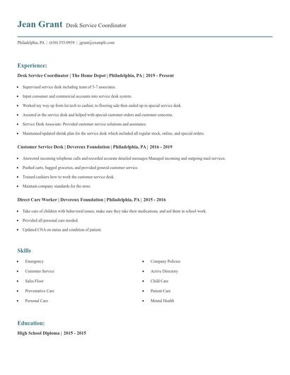 Desk Service Coordinator Resume