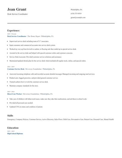 Desk Service Coordinator Resume