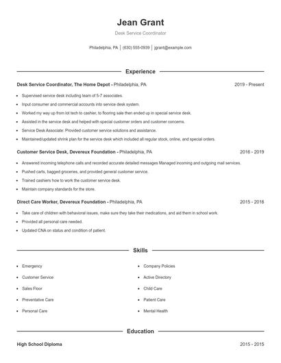 Desk Service Coordinator Resume