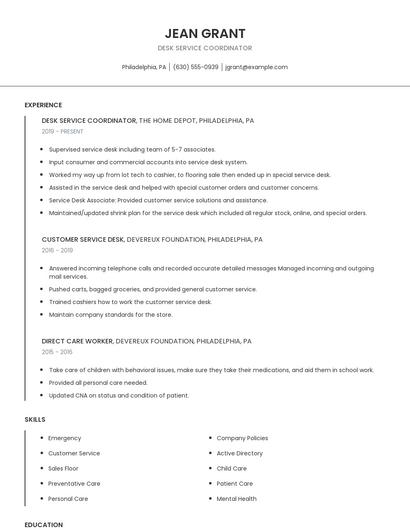 Desk Service Coordinator Resume