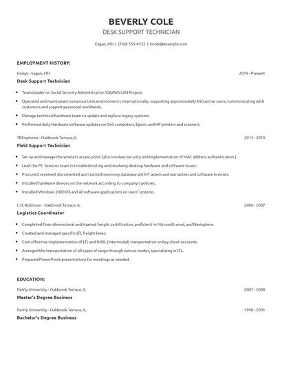 Desk Support Technician Resume