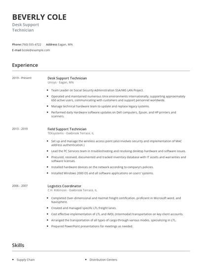 Desk Support Technician Resume