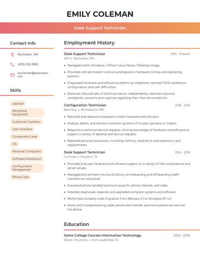 Desk Support Technician Resume