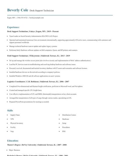 Desk Support Technician Resume