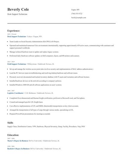 Desk Support Technician Resume