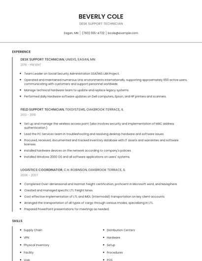 Desk Support Technician Resume