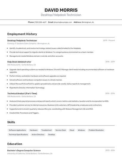 Desktop/Helpdesk Technician Resume