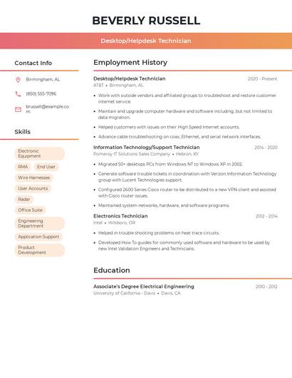 Desktop/Helpdesk Technician Resume