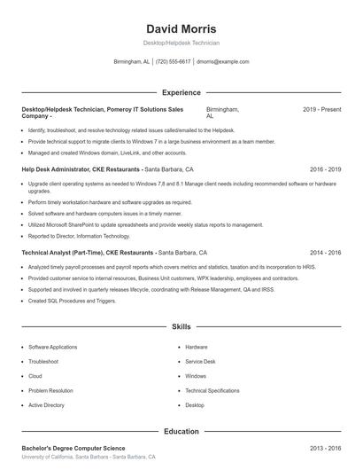 Desktop/Helpdesk Technician Resume