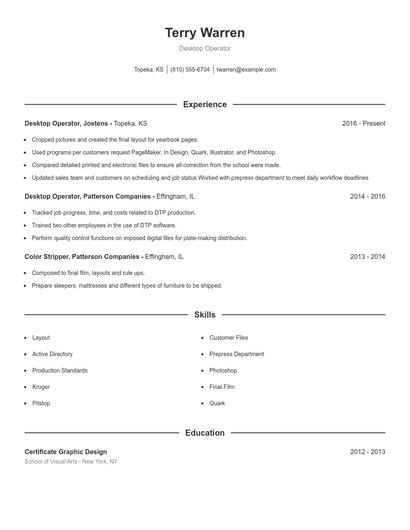 Desktop Operator Resume