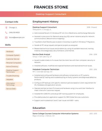 Desktop Support Consultant Resume