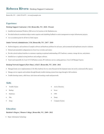 Desktop Support Contractor Resume