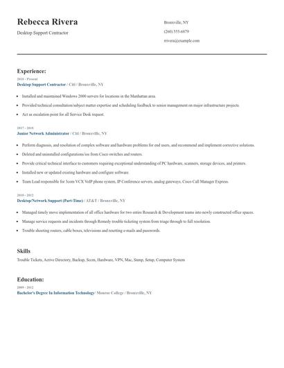 Desktop Support Contractor Resume