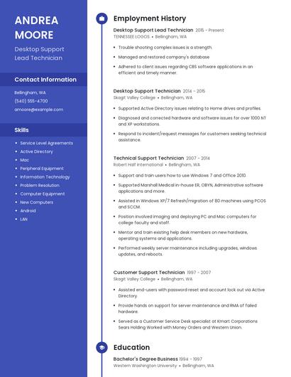 Desktop Support Lead Technician Resume
