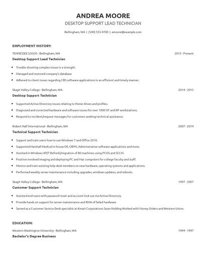 Desktop Support Lead Technician Resume
