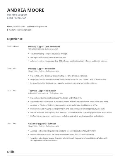 Desktop Support Lead Technician Resume