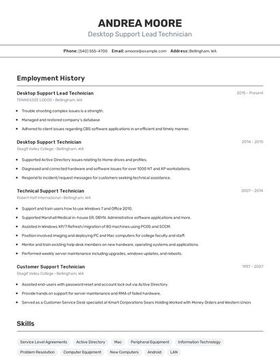 Desktop Support Lead Technician Resume