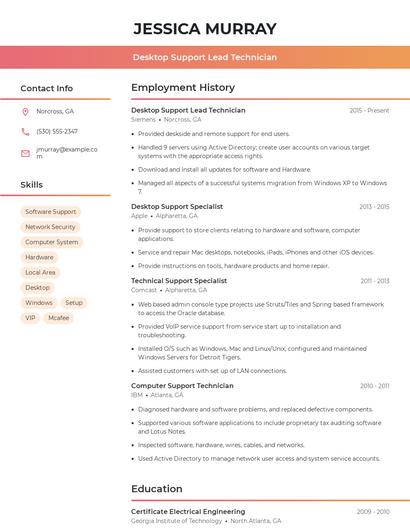 Desktop Support Lead Technician Resume