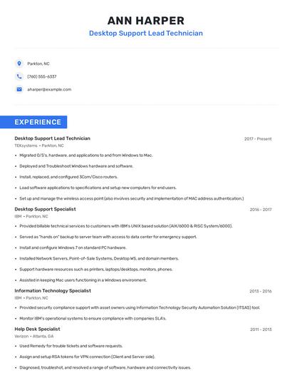 Desktop Support Lead Technician Resume